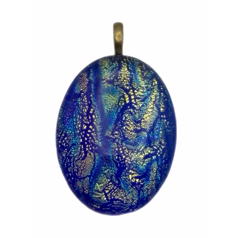 Blue Dichroic Glass Oval Pendant Iridescent Shimmer Statement Jewelry